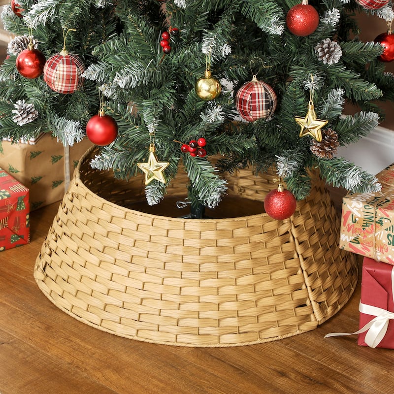 HOMCOM 27 inch Rustic Christmas Tree Collar, Plastic Woven Christmas Tree Skirt, Base Cover for Party, Holiday, Home Decoration