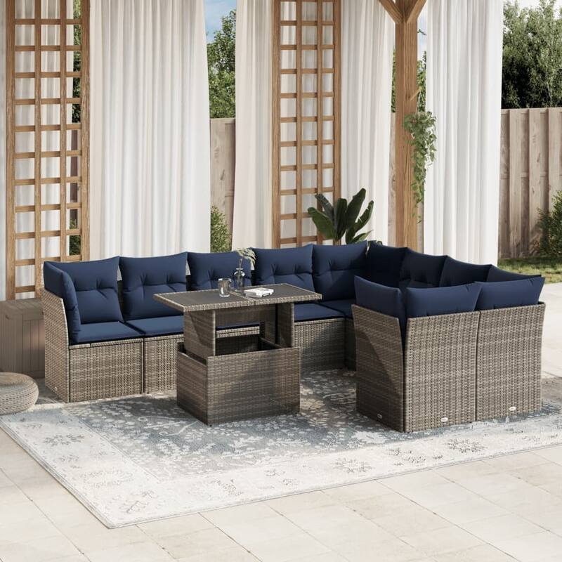 vidaXL 10 Piece Patio Sofa Set with Cushions Black/Brown/Gray Poly Rattan - 24.4 x 24.4 x 27.2 - Gray