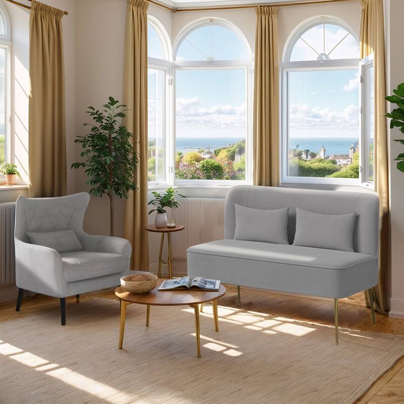 2-Piece Modern Velvet Living Room Couch Set Upholstered - Grey