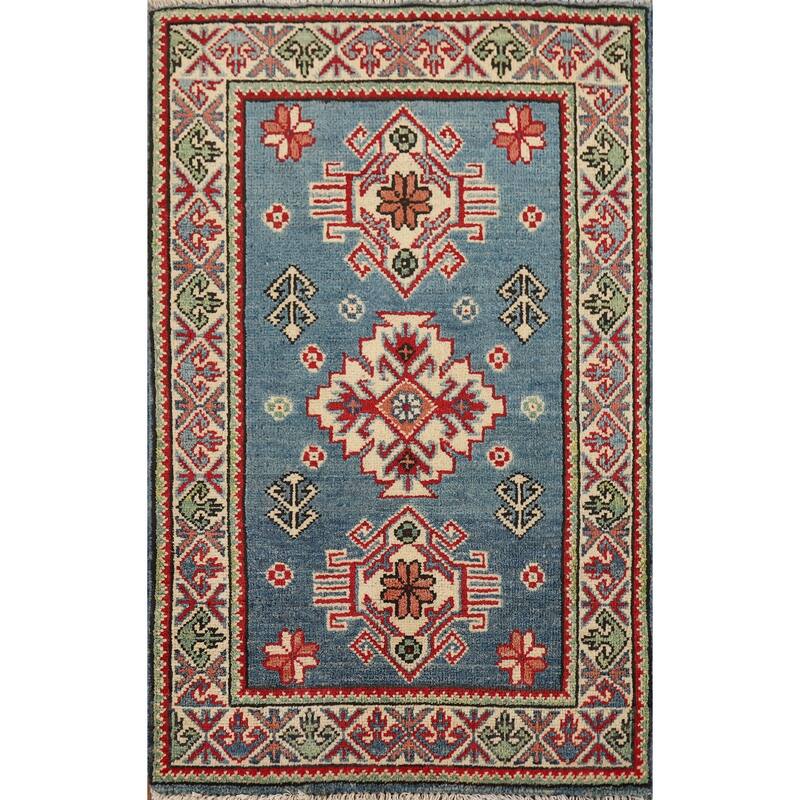 Hand Knotted Oriental 100% Wool Carpet Traditional Geometric Navy Blue & Blues Kazak Area Rug - 3' 3'' X 1' 11''