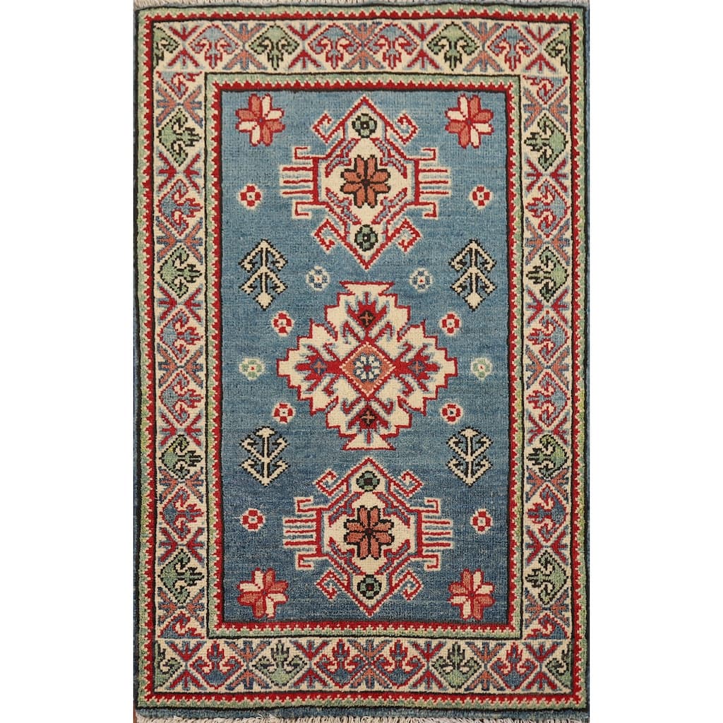 Hand Knotted Oriental 100% Wool Carpet Traditional Geometric Navy Blue & Blues Kazak Area Rug - 3' 3'' X 1' 11''