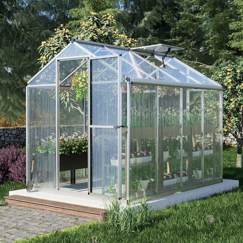 Aoodor 6' x 8' Walk-in Polycarbonate Greenhouse with Roof Vent and Door lock