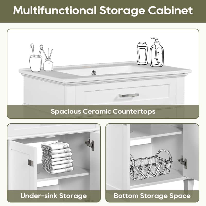 30" Bathroom Vanity with Ceramic Sink, Soft-Close Doors, Adjustable Shelf, 4" Faucet Ready