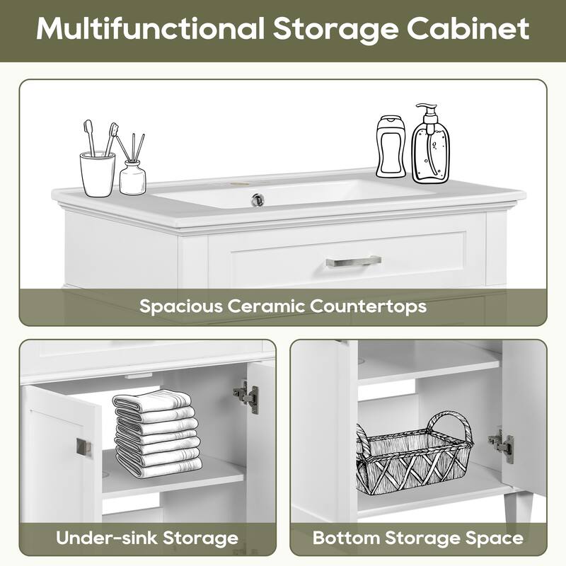 30-inch bathroom vanity with ceramic basin, soft close door and adjustable shelves