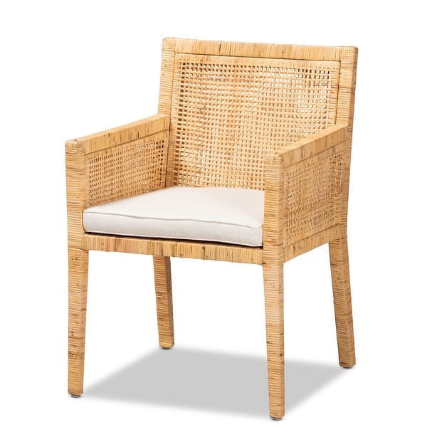 slide 2 of 11, Karis Rattan Dining Chair - Handwoven Wicker Armchair with Mahogany Wood, Coastal Boho Style Indoor Seating Natural Rattan/White