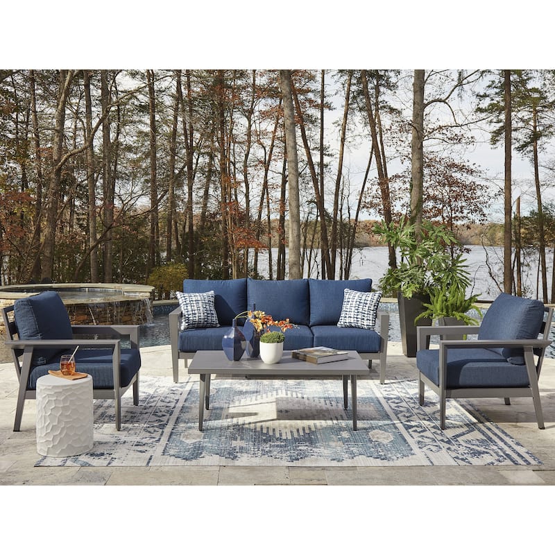 Signature Design by Ashley Gali Gray/Blue Outdoor Sofa/Chairs/Table Set (Set of 4) - 78.25" W x 33.25" D x 36.25" H