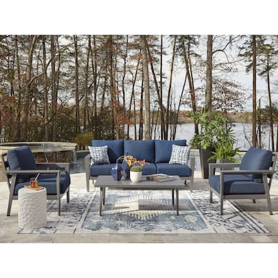 Signature Design by Ashley Gali Gray/Blue Outdoor Sofa/Chairs/Table Set (Set of 4) - 78.25" W x 33.25" D x 36.25" H