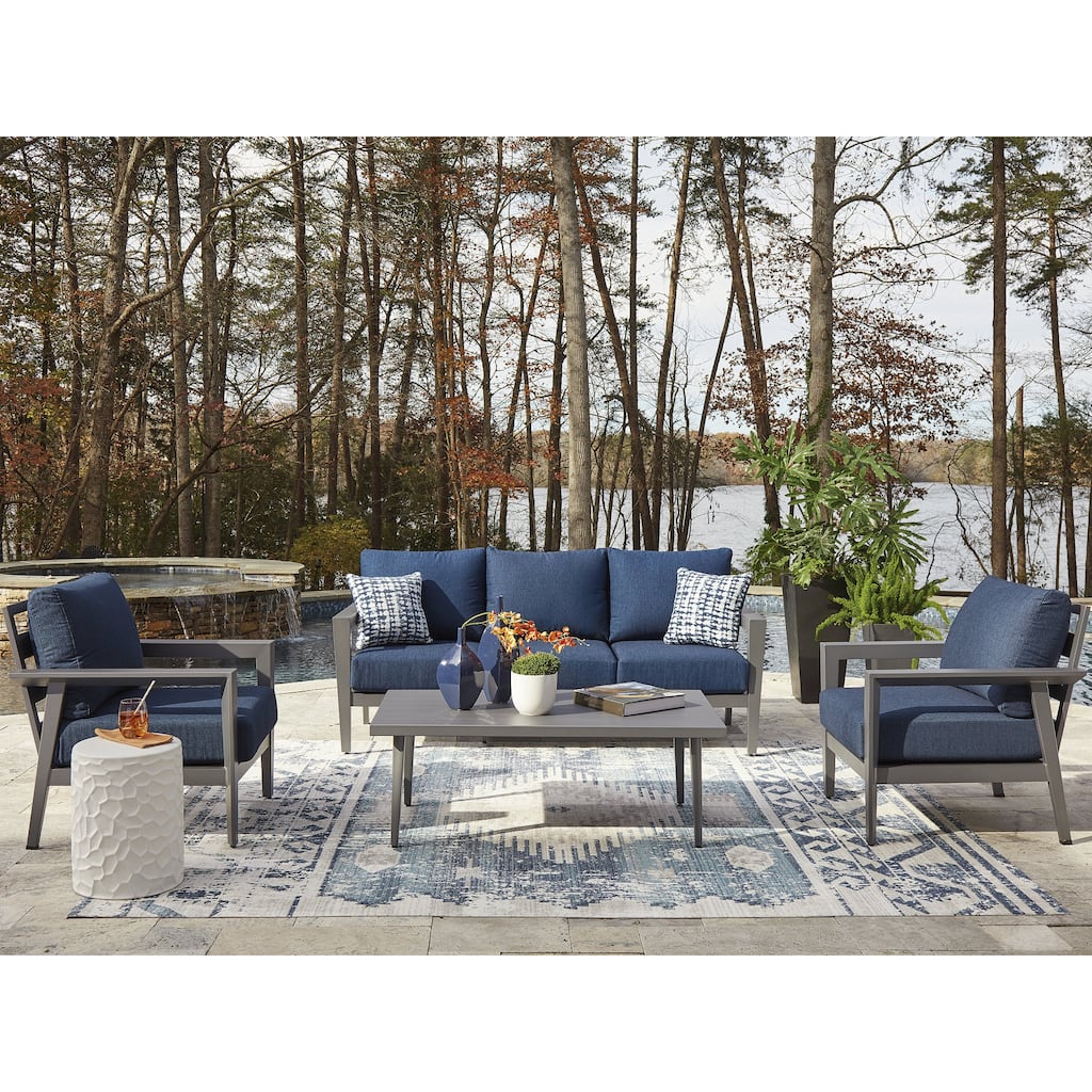 Signature Design by Ashley Gali Gray/Blue Outdoor Sofa/Chairs/Table Set (Set of 4) - 78.25" W x 33.25" D x 36.25" H