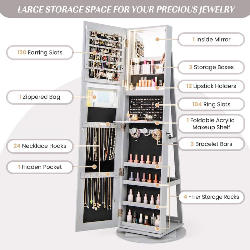 Gymax Rotating Mirrored Jewelry Cabinet Armoire 3 Color LED Modes