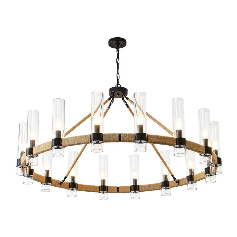 Modern Rustic Wagon Wheel Chandelier with Clear Glass Shades & Hemp Rope Accents