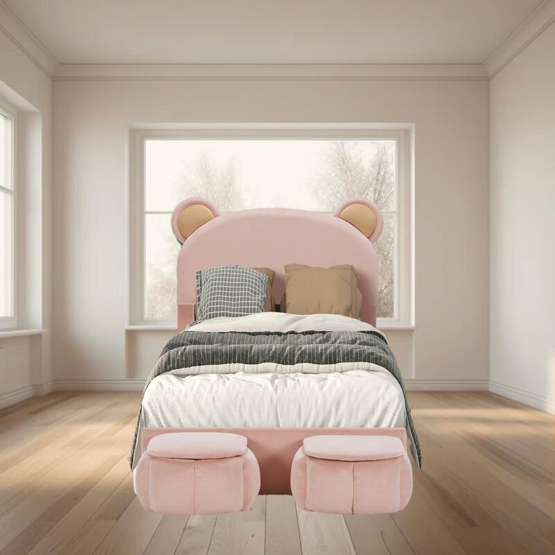 Twin Size Upholstered Platform Bed with Cartoon Bear Ears Headboard, No Box Spring Needed, Ideal for Kids and Teens Bedroom - Pink - Twin