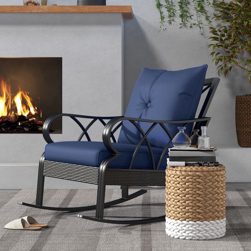 Outdoor Wicker Rocking Chair with Padded Cushions, Aluminum Furniture Rattan Porch Rocker Chair w/ Armrest
