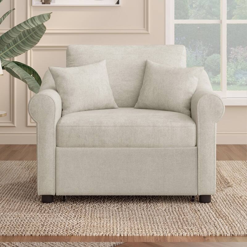 3-in-1 Convertible Sleeper Chair with Adjustable Backrest, Chenille Chair Bed Single Lounger Chair for Living Room