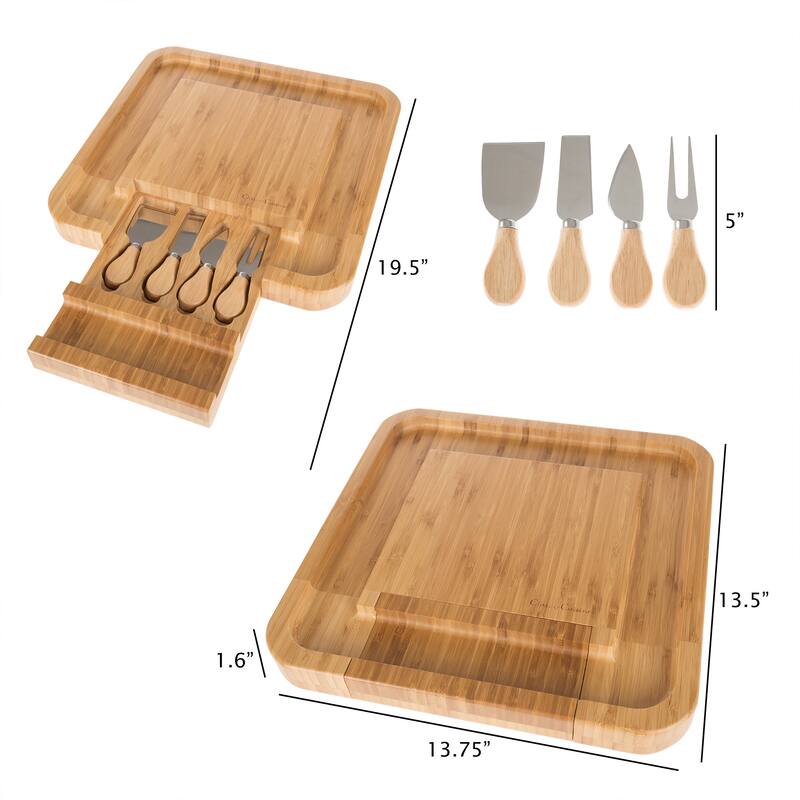 Bamboo Cheese Serving Tray - Eco-Friendly Charcuterie Board with 4-Piece Stainless-Steel Cutlery Set by Classic Cuisine (Tan)