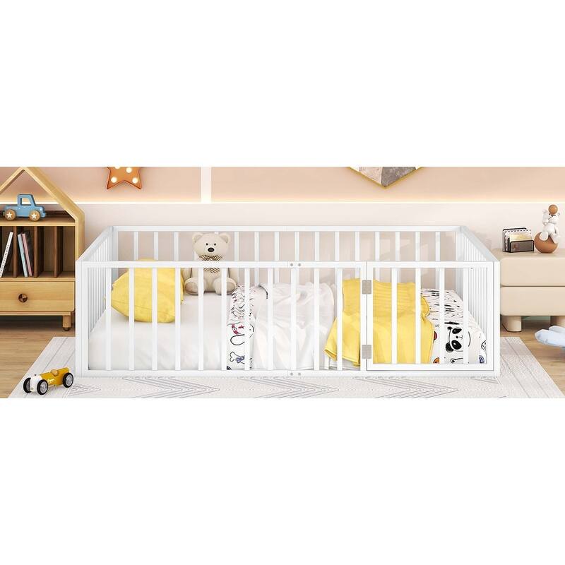 Metal Floor Bed Frame with Fence & Door