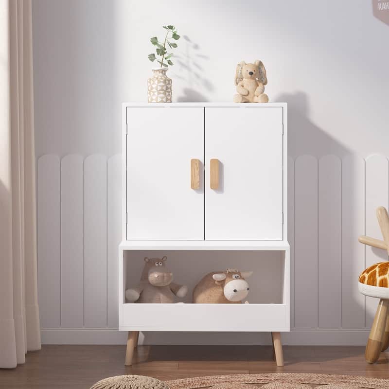 Kids Toy Storage Cabinet with Doors and Open Shelf - White