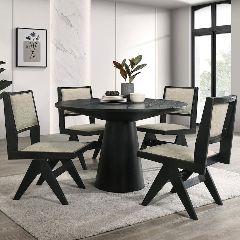 Furniture of America Evrena Modern 5-Piece Black Solid Wood 48-inch Round Dining Set - Black