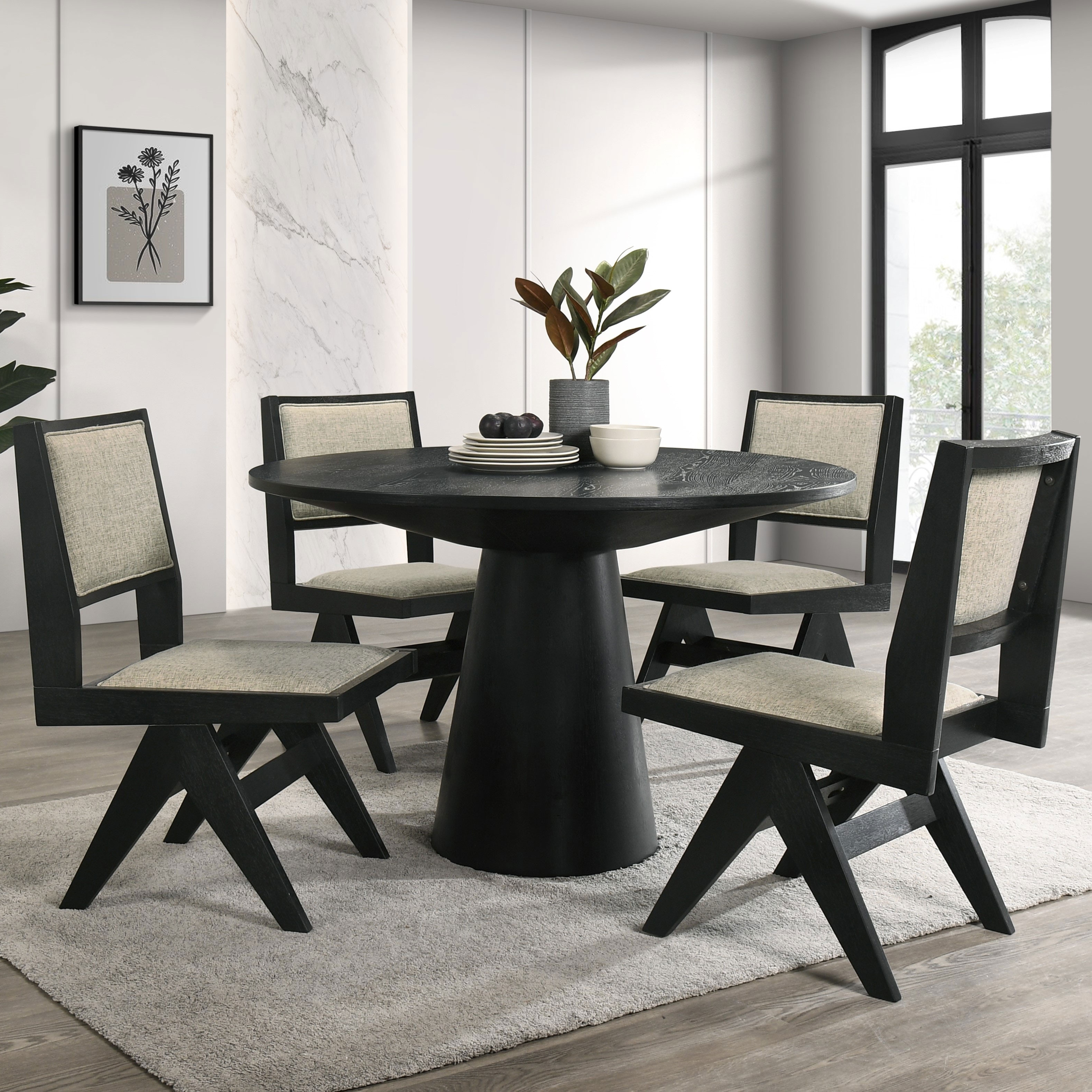 Furniture of America Vitten Modern 5-Piece Black Solid Wood 48-inch Round Dining Set