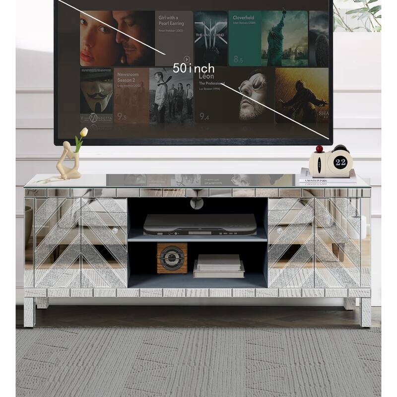 47" TV Stand with Diamond Glass Doors and Open Storage