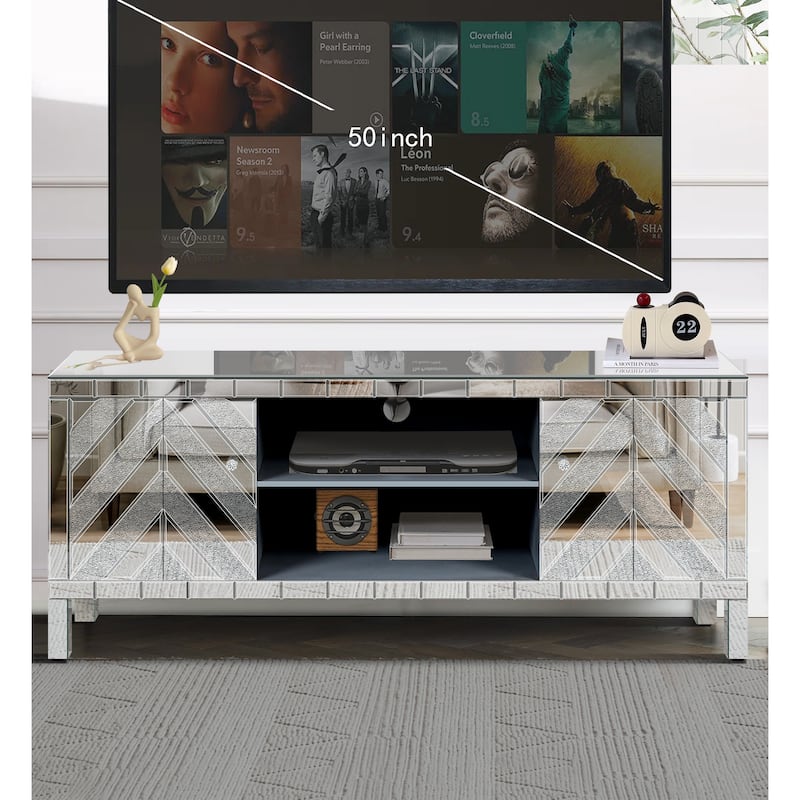 47 Inch Mirror TV Media Console with Diamond Glass Doors, Dual Door Design, Compatible with 50-Inch TVs