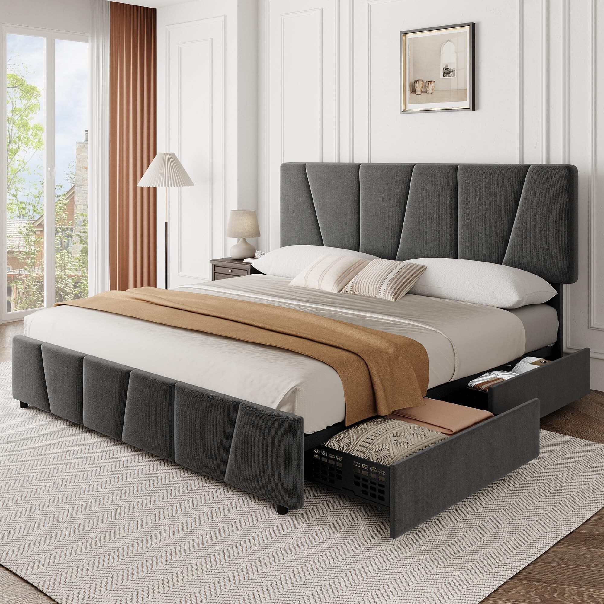 Upholstered Platform Bed Frame with 4 Storage Drawers