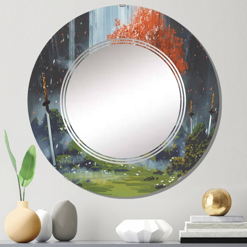 Designart 'Samurai Standing In Waterfall Garden With Swords' Printed Traditional Wall Mirror - 24in.x24in.