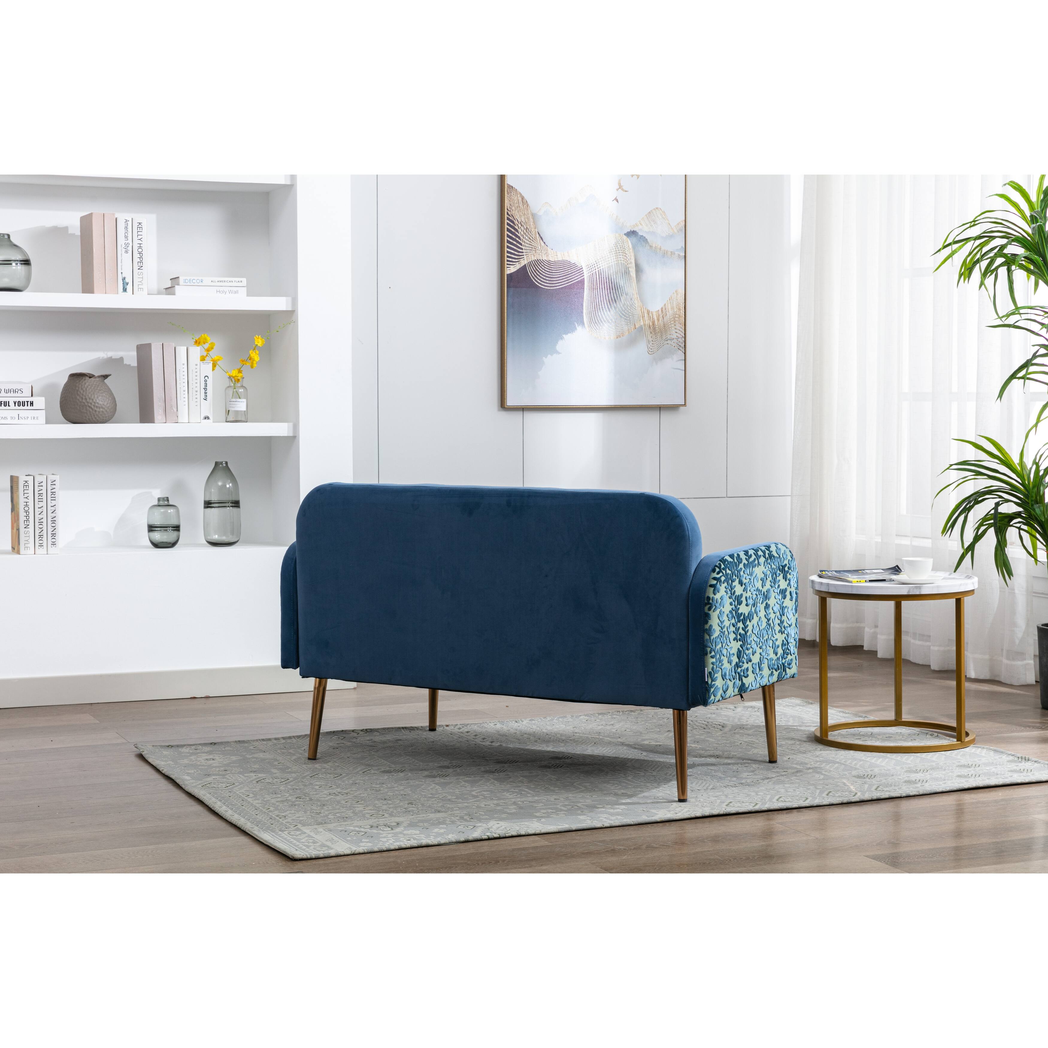 Vintage Velvet Loveseat Sofa with Floral Handrail and Rose Gold Feet