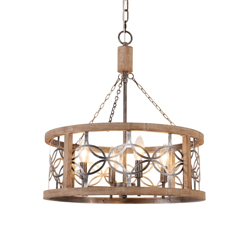 Cusp Barn 4-Light Rustic Wood Chandelier Shabby Hanging Lamp Farmhouse Drum Pendant Light Fixtures for Entryway