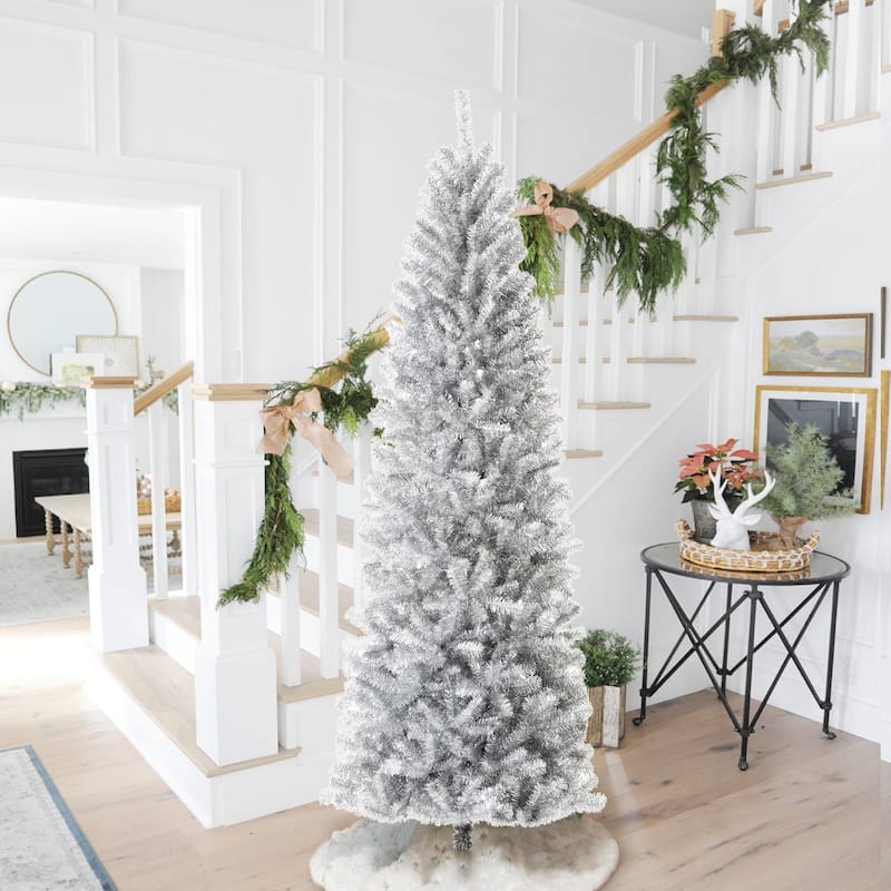 Glitzhome 7.5FT/9FT Black/Silver Unlit Tinsel Artificial Christmas Trees - Silver-7.5ft