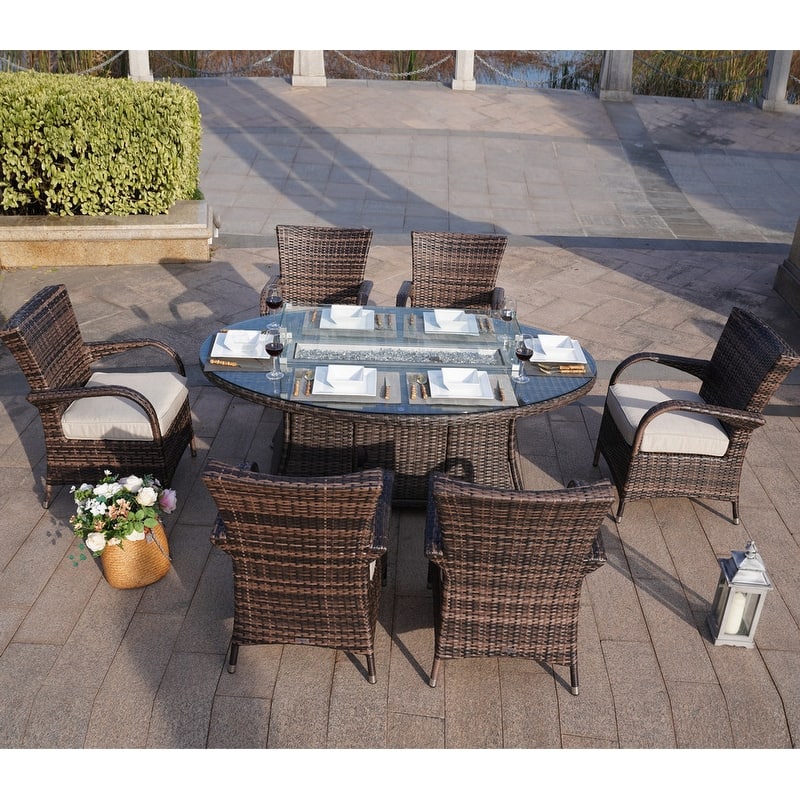 7-Piece Outdoor Wicker Dining Set with 6 Arm Chairs - N/A