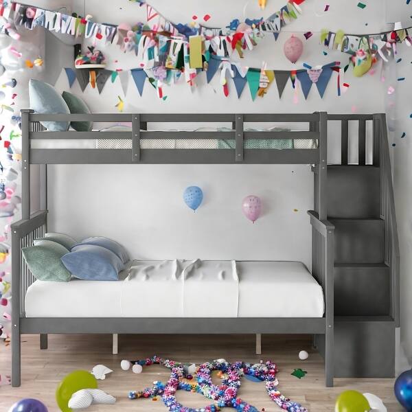 slide 2 of 40, Stairway Design Twin-Over-Full Bunk Bed with Storage and Guard Rail for Bedroom Gray