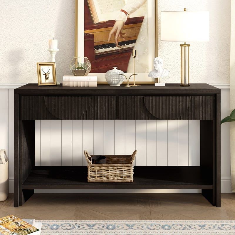 Farmhouse 55.12" Console Table with Distressed Wood Finish and Fluted Drawers for Living Rooms - Black