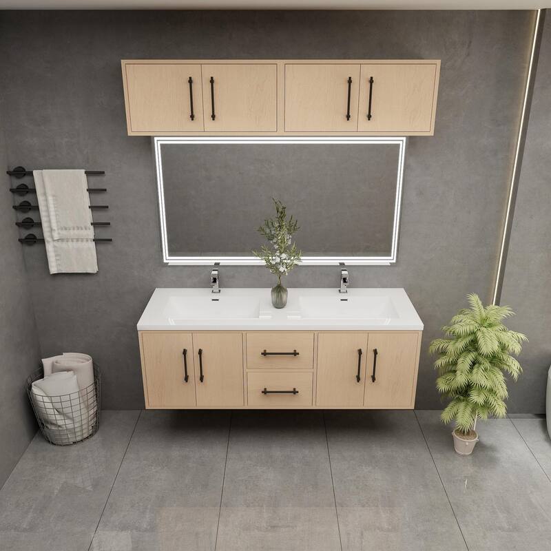 Victoria 60'' Wall-Mounted Double Sink Vanity Set with LED light Top Cabinet