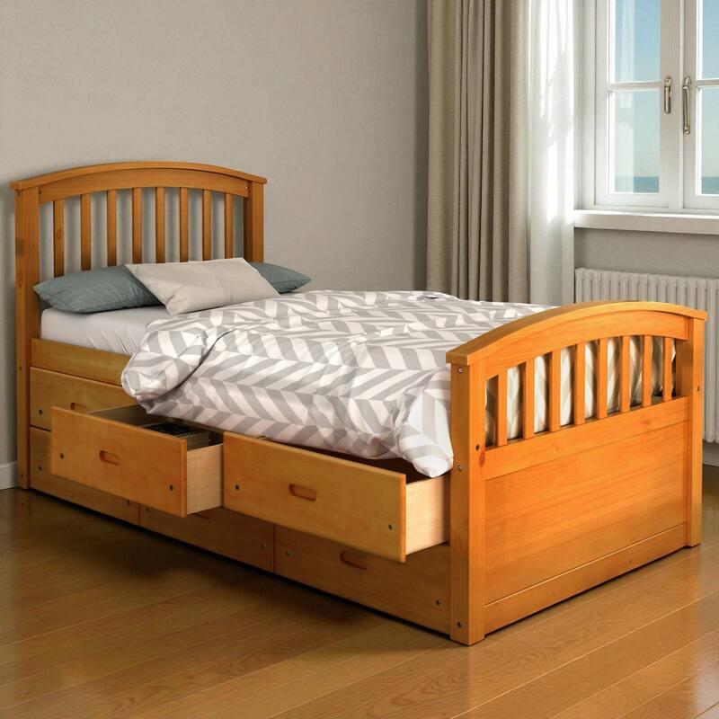 Twin Size Solid Wood Platform Bed with 6 Storage Drawers, Pine Wood Frame with Slats, No Box Spring Needed - Oak - Twin