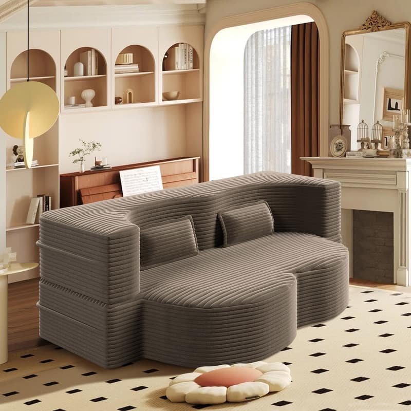 Modern 78" Full Size Convertible Corduroy Foam-Filled Sleeper Sofa,Modern Floor Sofa with 2 Pillows