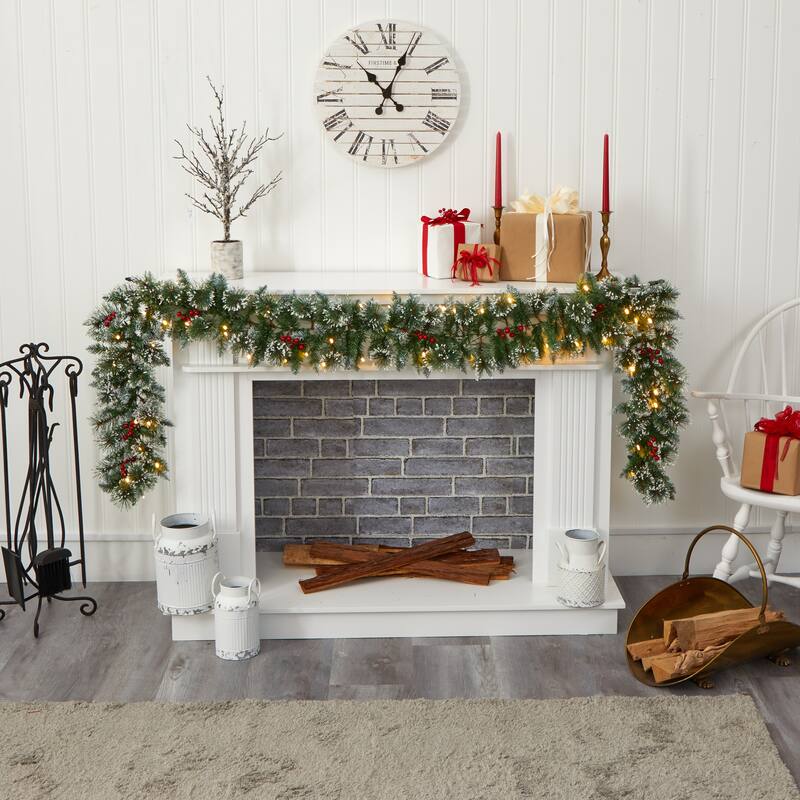 9' x 7" Frosted Swiss Pine Berries Artificial Christmas Garland Clear Led Lights