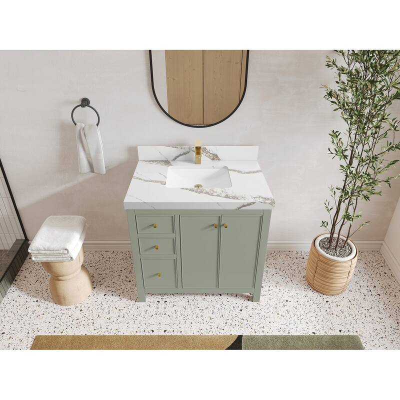 Willow Collections 36 in. W x 22 in. D Chicago Center Sink Right Bathroom Vanity with Countertop - 2”Calacatta Gold - Evergreen