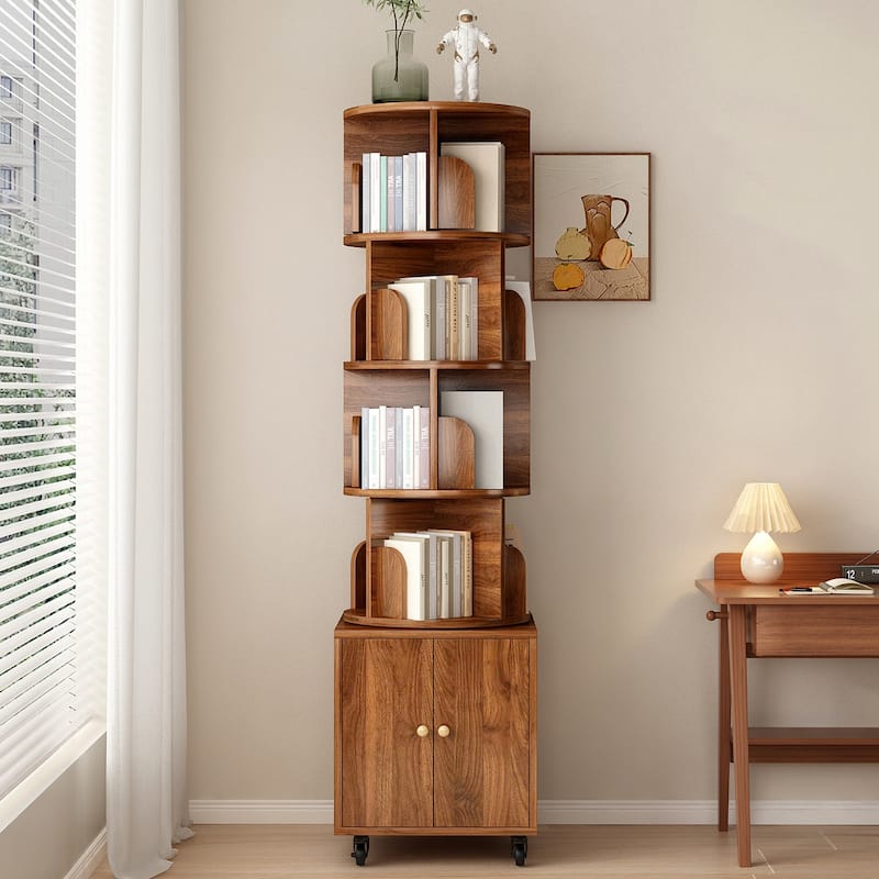 Anmytek 360 Rotating Corner Bookshelf with Wheels Space Saving Storage for Small Rooms