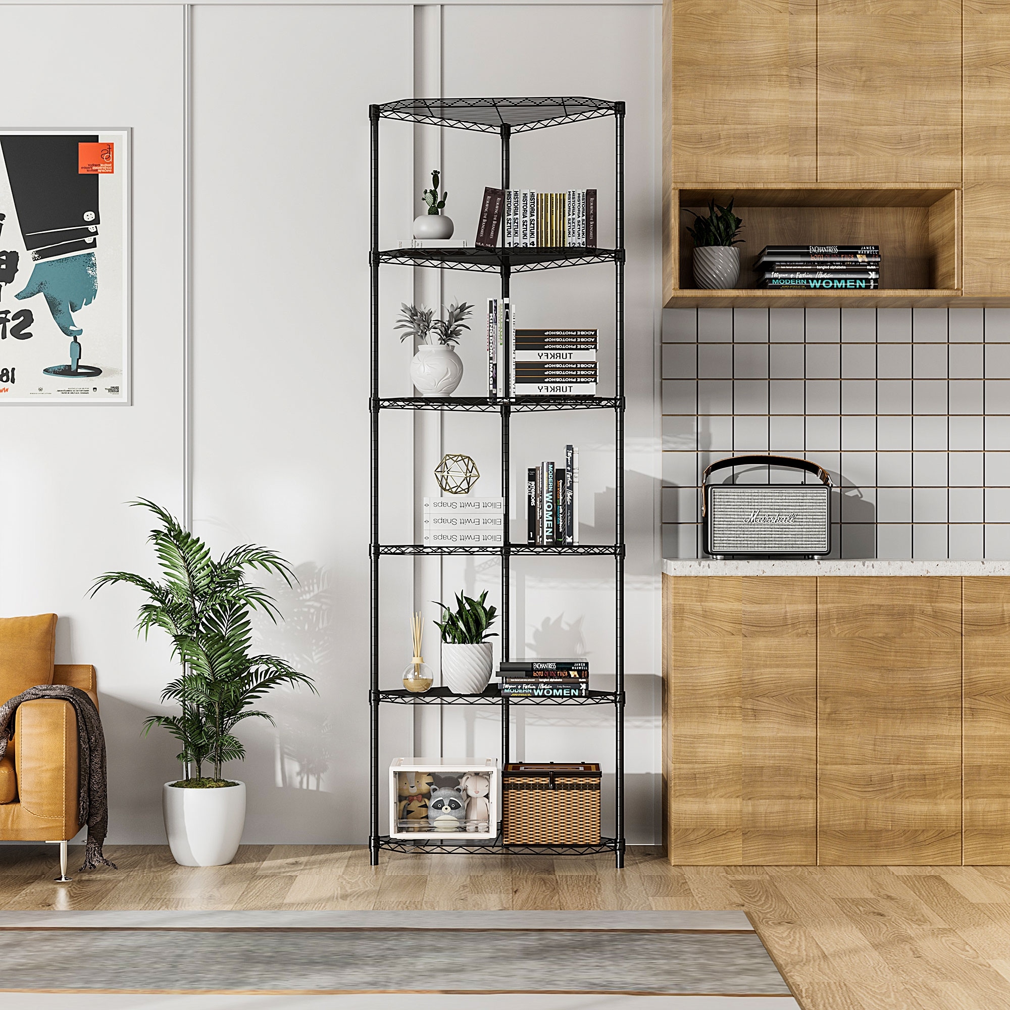 6 Tier Shelf Corner Wire Shelf Rack Pentagonal Shelves Adjustable Metal Heavy Duty Free Standing Corner Display Chrome Rack