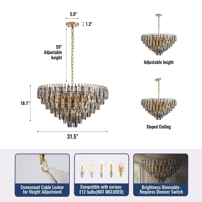 32" Grey Modern Crystal Chandelier Round Crystals Chandeliers 8-Tier Crystal Pendant Light 9-Light for Dining Room Living Room