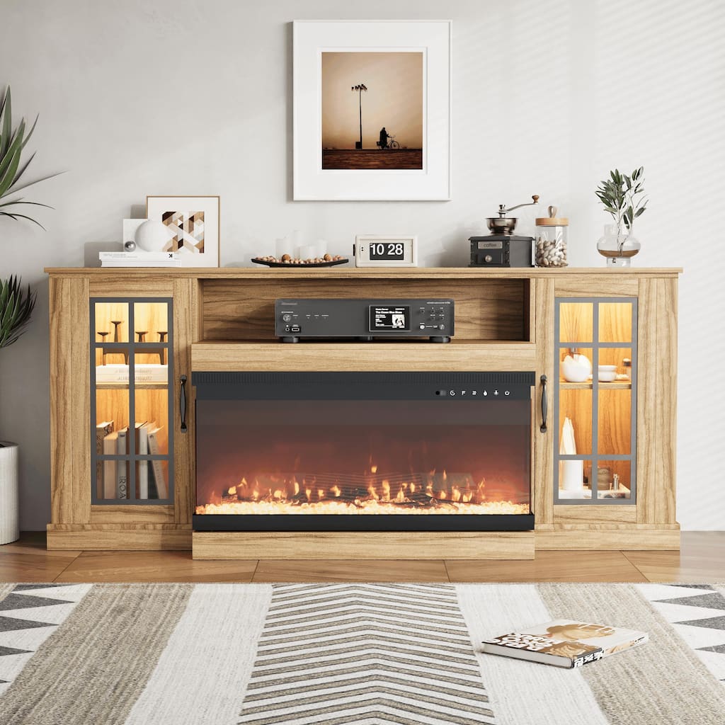 70" Fireplace TV Stand with 3-Sided Glass, ETL Certified, 12 Flame Colors, Realistic Ember Bed, Accommodates TVs up to 80"