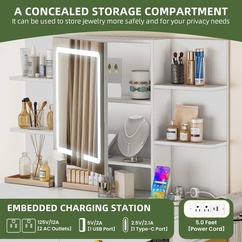 Moasis 3 Drawers Makeup Vanity Desk Set with Lights and Mirror & Stool