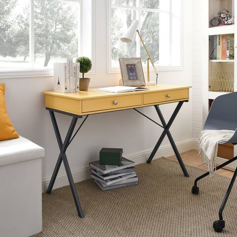 Wooden Side Writing Console Table Art Craft Computer Desk with 2 Drawers, X-Style Metal Frame and Clean Lines Design