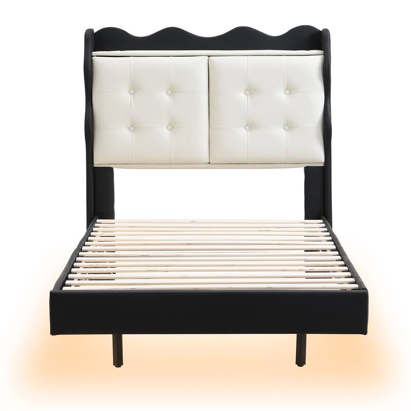 Twin Upholstered Platform Bed with LED Lights, Storage Headboard & USB Ports