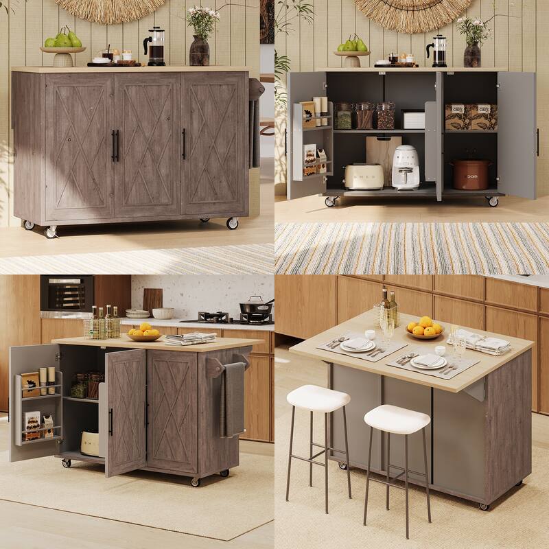 51.2" Wood Rolling Kitchen Island with Drop Leaf and Internal Rack