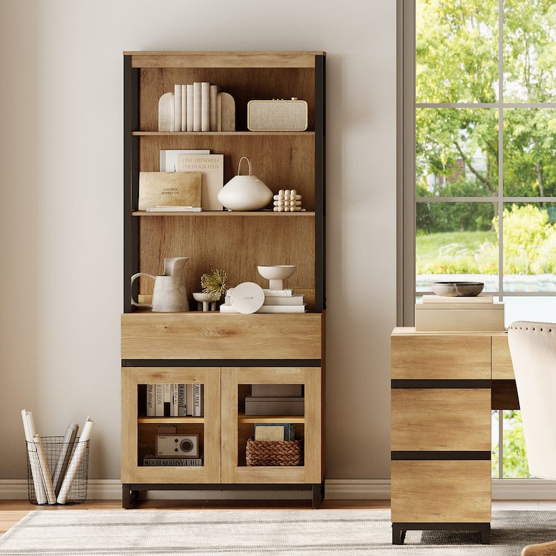 Modern 72" Tall Bookcase with Drawer and Open Book Shelfs for Home Office, Living room.