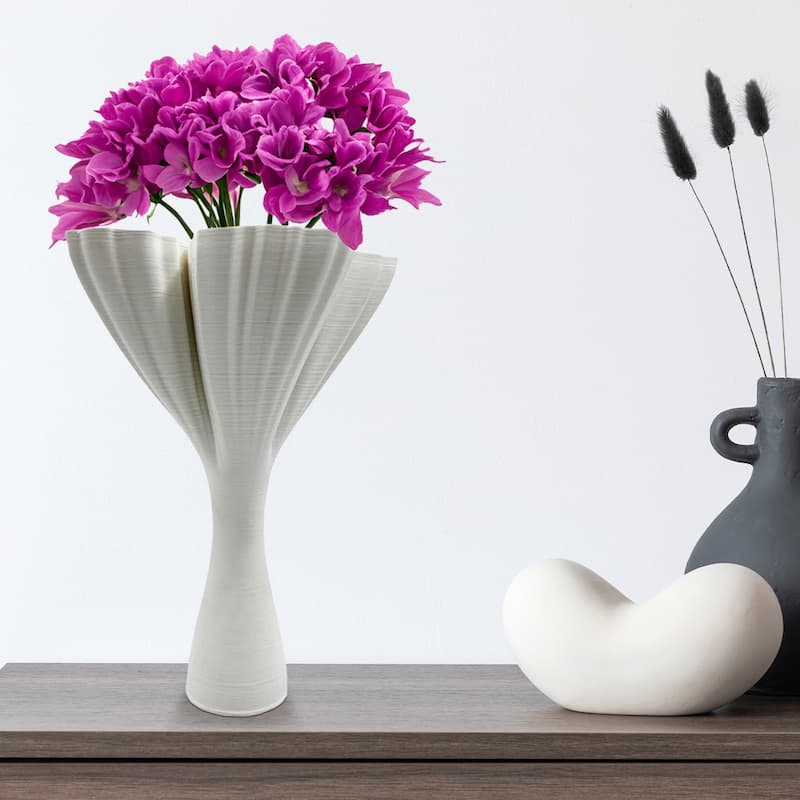 15 Inch Tall White Ceramic Abstract Vase in White