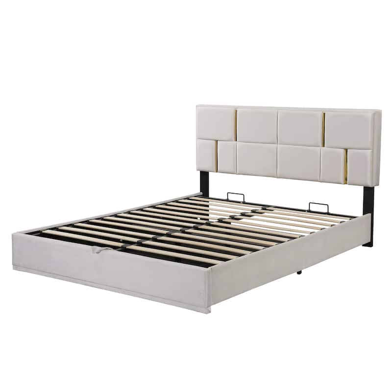 Beige Velvet Upholstered Queen Platform Bed with Hydraulic Lift Storage and Gold Decorated Headboard
