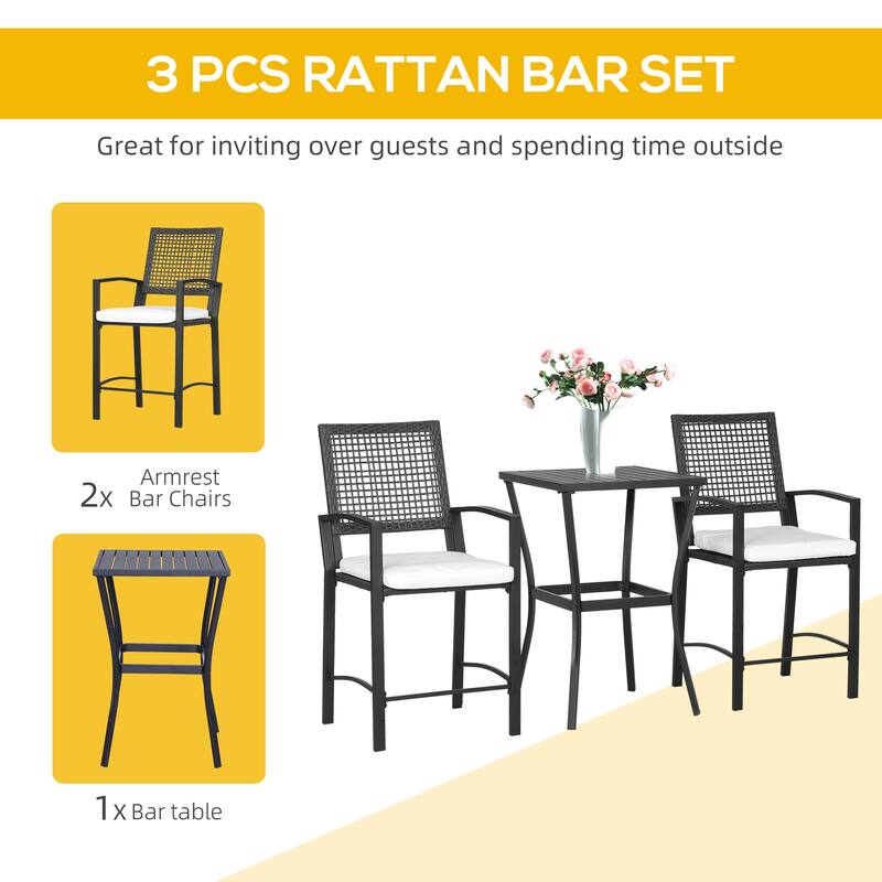 3-Piece Outdoor Rattan Wicker Bar Set with Cushioned High Chairs and Steel Frame, Weather-Resistant Patio Furniture