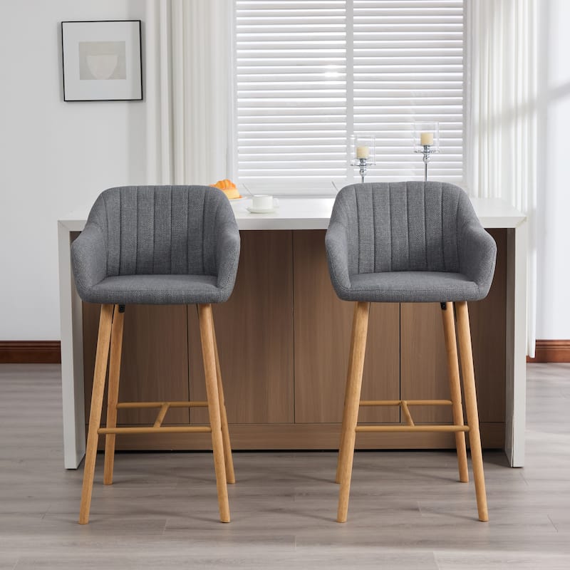 Modern Bar Stools Set of 2, Kitchen Island Tall Chairs with Back, Arm, Footrest and Solid Wood Leg, Upholstered Bar Stools